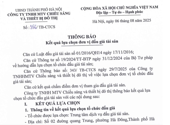 Kết quả lựa chọn đơn vị đấu giá tài sản